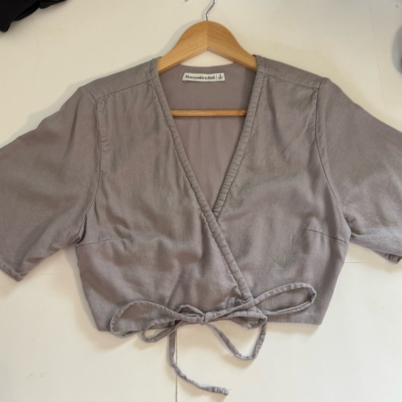 Abercrombie & Fitch Light Purple Gray Wrap Around Tie Waist Linen Blend Top Sz S - Picture 5 of 11